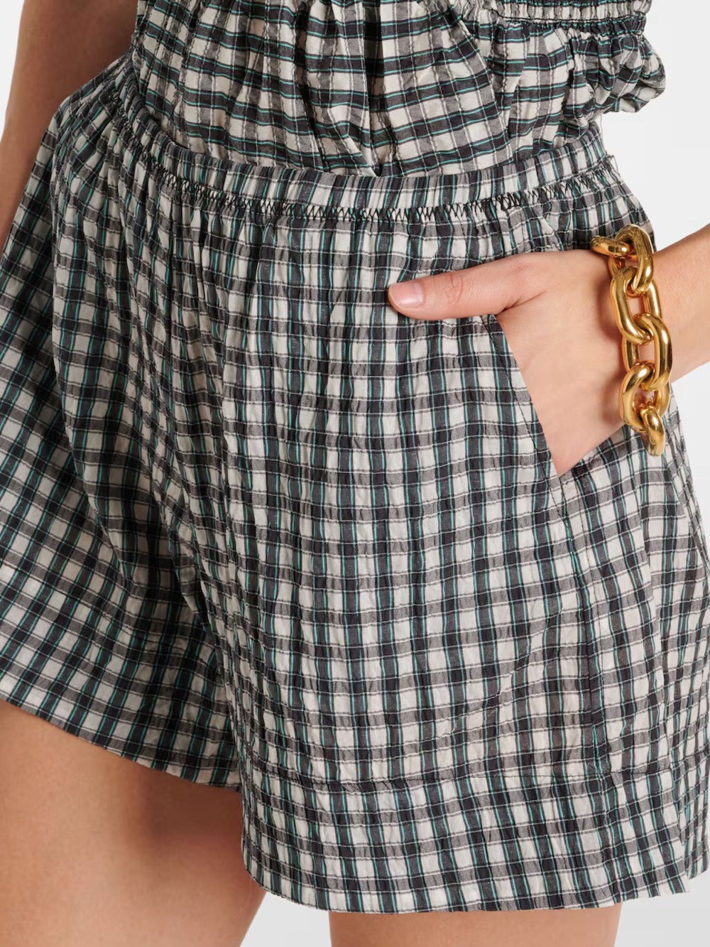 Ganni Black, White & Green Plaid Elastic-Waist Bermudas